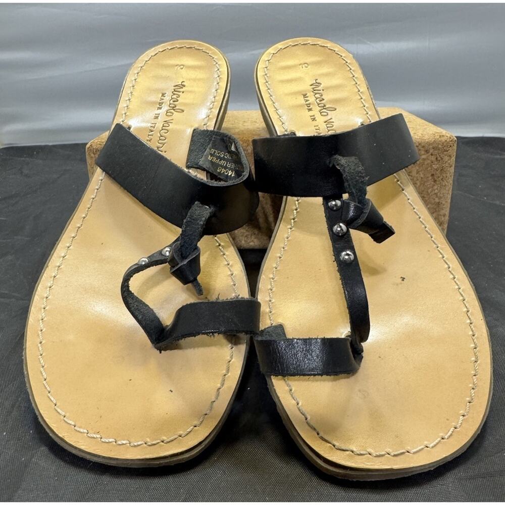 Niccolo Vacari 14046 Handmade Italy Black Leather Toe Loop Sandals Womens 10